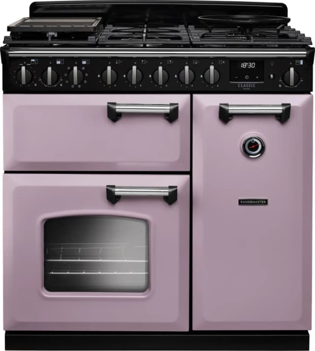 Rangemaster Classic Deluxe CLDL90DFPHTH/CM1 90cm wide Dual Fuel Range Cooker with Gas Hob - Heather / Chrome - A Rated