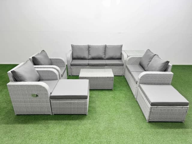 Fimous PE Rattan Garden Furniture Set Adjustable Chair Sofa Double Love Seat 2 Seater Sofa Lounge Set Oblong Coffee Table 2 Big Footstool Side Table L