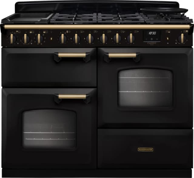Rangemaster Classic Deluxe 110 CLDLO110DFPCBL/AB1 110cm wide Dual Fuel Range Cooker with Gas Hob - Charcoal Black / Antique Brass - A Rated