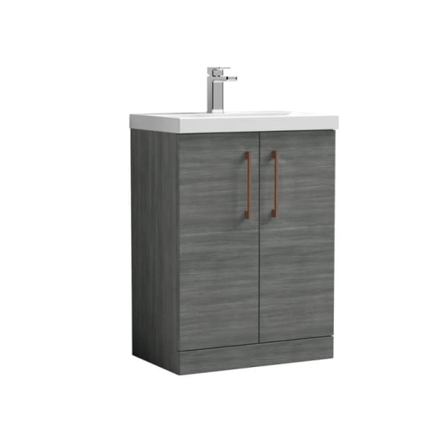 Balterley Bathroom Floor 2-Door Vanity Unit Basin, Anthracite Woodgrain, 600mm in Grey Grey Unisex