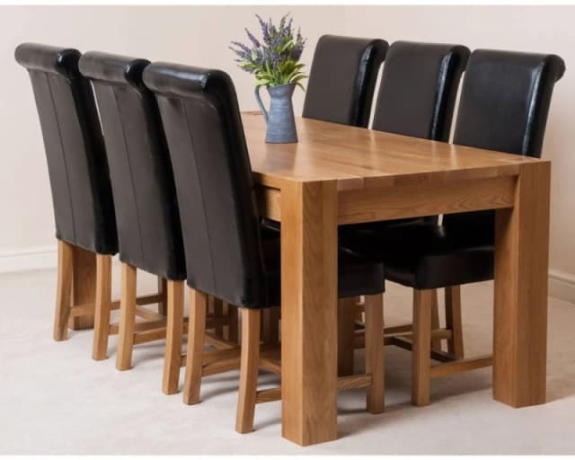 Thats Furniture Kuba 180 x 90cm Chunky Oak Dining Table & 6 Washington Leather Chairs in Black Unisex 180 x 90 cm