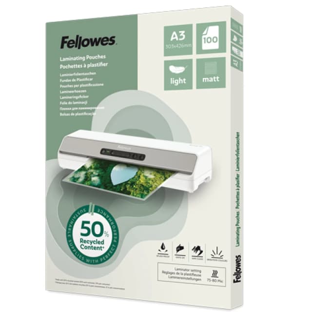 Fellowes Fellowes Recycled Laminating Pouches 80 Micron A3 Matt (Pack of 100) 100143436 100143436