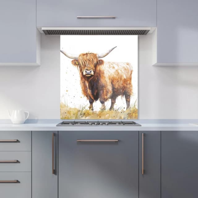 Warren Reed - Designer Watercolour Highland Cow Kitchen Splashback in Brown Size: 600mm x 650mm Brown Unisex 600mm x 650mm