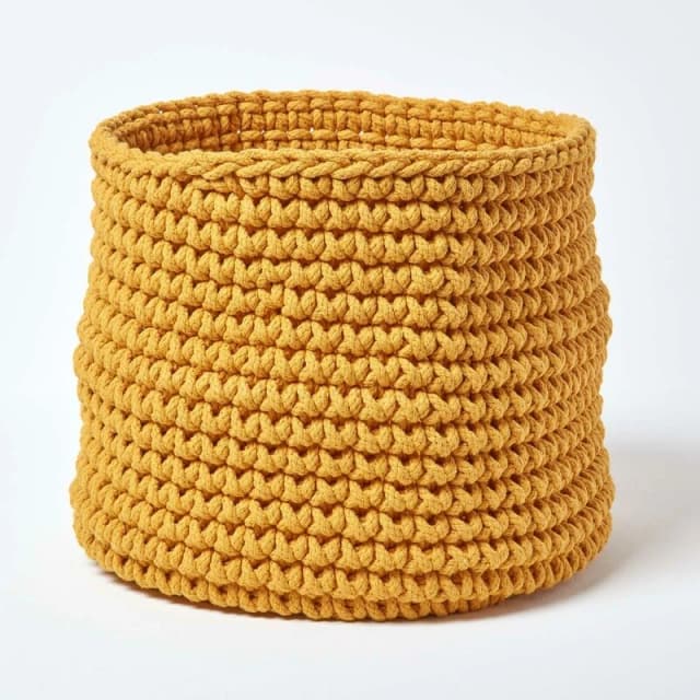 Homescapes Cotton Knitted Round Storage Basket, 42 x 37cm Yellow