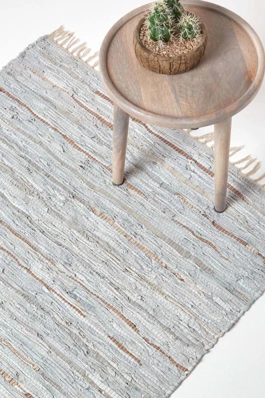 Homescapes Leather Glitter Rug Silver And Natural, 120 X 180 Cm