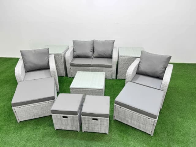 Fimous PE Rattan Love Sofa Reclining Chair Set with 4 Footstools 2 Side Table in Light Grey Light Grey Unisex