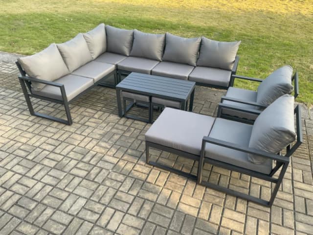 Fimous Aluminum 11 Seater Outdoor Lounge Corner Sofa Set Garden Furniture Sets with Oblong Coffee Table 2 Chairs 3 Footstools Dark Grey Dark Grey Unis