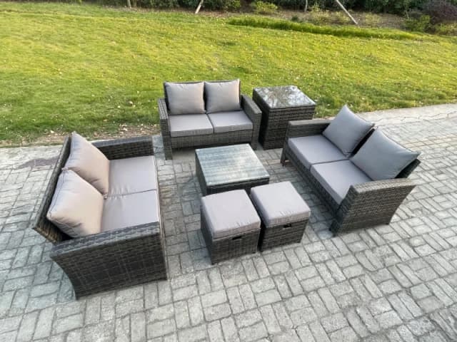 Fimous 7 PCS Outdoor Lounge Sofa Set Wicker PE Rattan Garden Furniture Set with Square Coffee Table Double Seat Sofa Side Table in Dark Grey Dark Grey