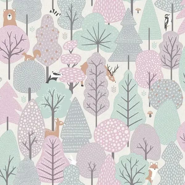 MURIVA Muriva - Children's Wild Wood Pink Wallpaper Naturistic Birds Paste The Wall WL-M51603