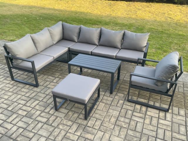 Fimous Aluminium Garden Furniture Set Outdoor Indoor Lounge Corner Sofa Chair Oblong Coffee Table Sets with Big Footstool Dark Grey Dark Grey Unisex