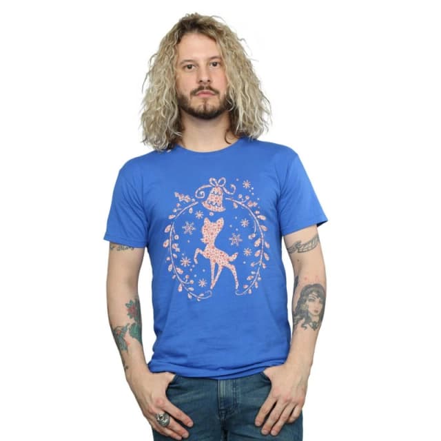 Disney Men Bambi Christmas Wreath T-Shirt in Blue Size: Small Blue S Male 5057245990790