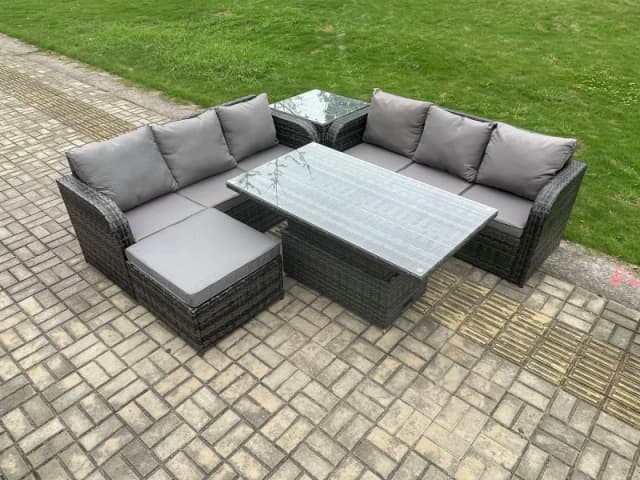 Fimous Outdoor Rattan Garden Furniture Sets Height Adjustable Rising lifting Dining Table Sofa Set with Side Table Dark Grey