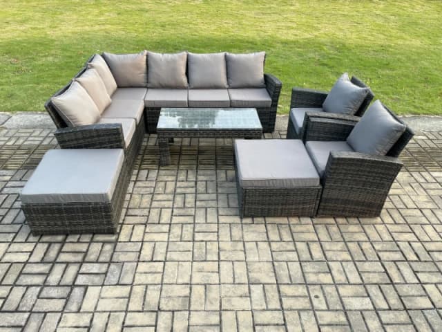 Fimous Outdoor Furniture Garden Dining Set Rattan Corner Sofa Set with 2 Armchairs 2 Big Footstool Dark Grey Mixed Dark Grey Unisex