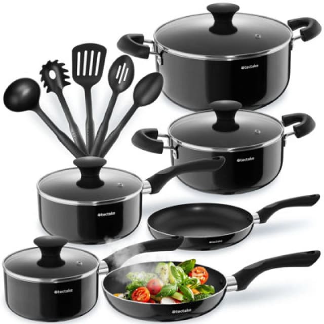 Tectake Pan Set Varese - 15 Piece, 4 Pots, 2 Pans, Non-Stick, Including Kitchen Utensils - Black