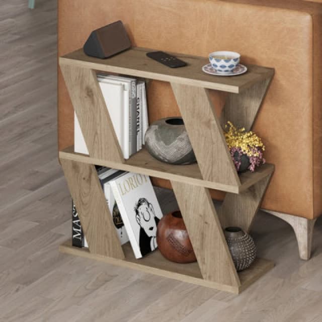 Decortie Lazena Modern 3-Tier Side Table, Natural Oak, Slim Particleboard End Table H55.4Cm