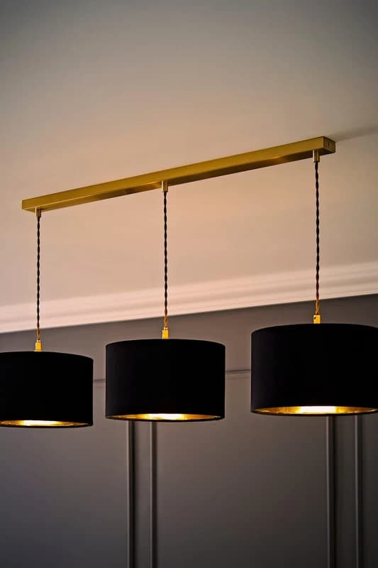 ValueLights ValueLights Reni Black Velvet & Gold Shade 3 Drop Bar Gold Diner Ceiling Light with Bulbs Black One Size Unisex 5059406064074