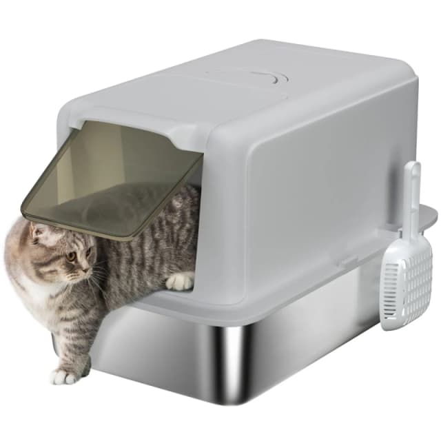 PawHut Stainless Steel Cat Litter Box with Removable Lid, Scoop, Grey D31-103V00GY