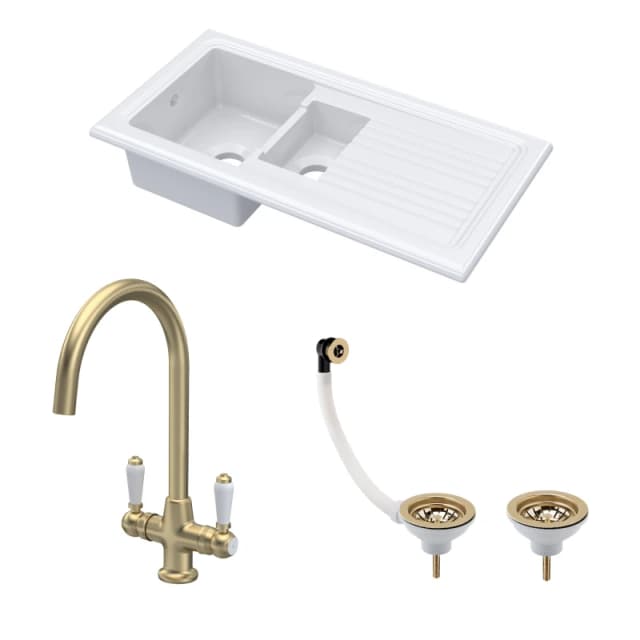 BALTERLEY Fireclay Kitchen Bundle - 1.5 Bowl Sink & Drainer, Waste & Mono Lever Tap, 1010mm - Brushed Brass - Balterley BKS230WT12