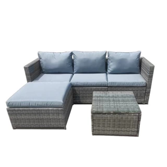 Outdoor Rattan Corner Sofa, 3 Piece L-Shaped Rattan Garden Furniture Lounge Set With Glass Table, Soft Cushion - Gray