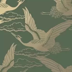 Holden Decor Metallic Cranes Green Wallpaper - 10.05m x 53cm