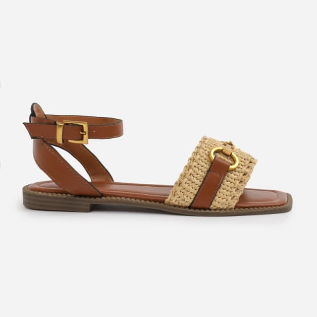 Where's That From 'Bonnie' Pu Straw Detail Strap Sandals With Buckle Closure Tan