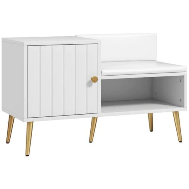 HOMCOM Upholstered Entryway Shoe Bench with Storage Cabinet Open Shelf White 837-297V71WT