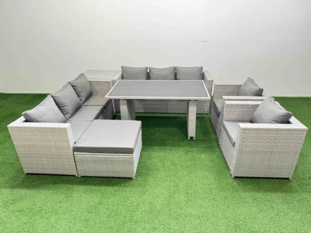 Fimous 9 Seater Outdoor Dining Table 3 Seater Sofa Set with Side Table Stool in Light Grey Light Grey Unisex