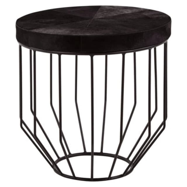 Orsina Black Leather Top Round Side Table, Hair On Hide Leather With Iron Wire Frame, Boutique Style Accent Table