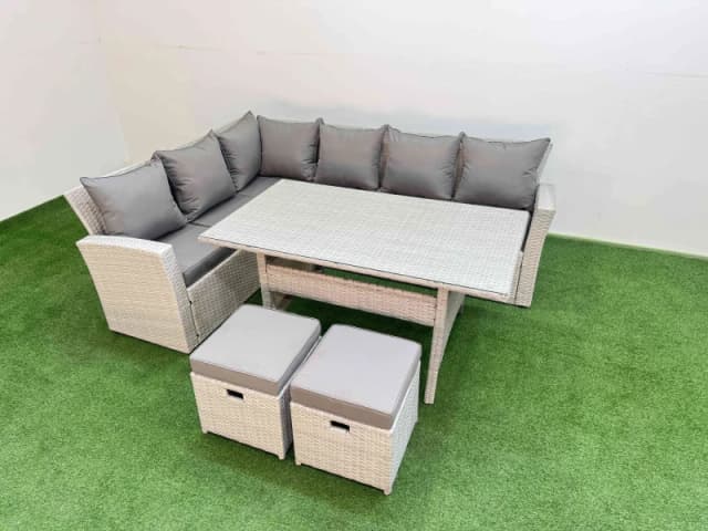 Fimous 8 Seater Rattan Garden Furniture Set with Dining Table 2 Small Stools in Light Grey Light Grey Unisex