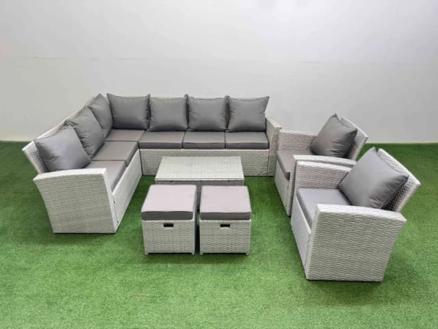 Fimous 10 Seater Garden Outdoor PE Rattan Furniture Set with 2 Small Stools in Light Grey Light Grey Unisex