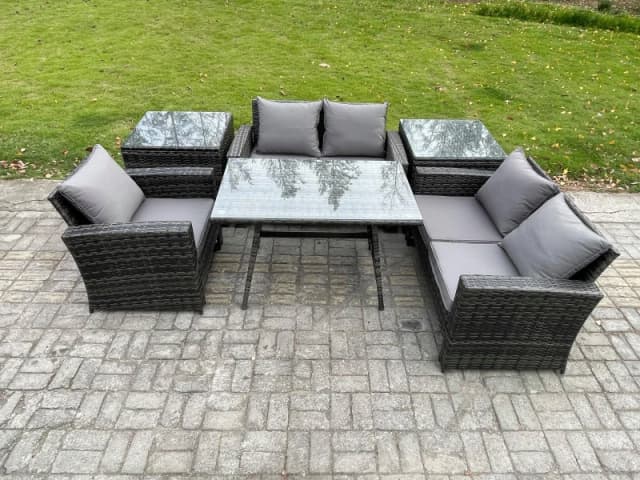 Fimous Wicker PE Rattan Garden Dining Set Outdoor Furniture Sofa with Rectangular Dining Table Love Seat Sofa 2 Side Tables in Dark Grey Dark Grey Uni