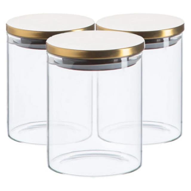 Argon Tableware Glass Storage Jars - Gold Lid - 750Ml - Modern Round Scandi Organisation Container Glass Jar - Set Of 3