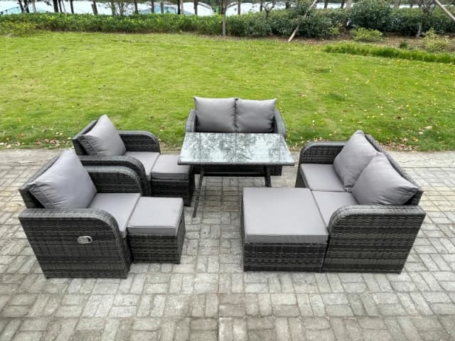 Fimous Wicker PE Rattan Garden Dining Set Outdoor Furniture Sofa with Rectangular Dining Table 3 Footstools Dark Grey Mixed Dark Grey