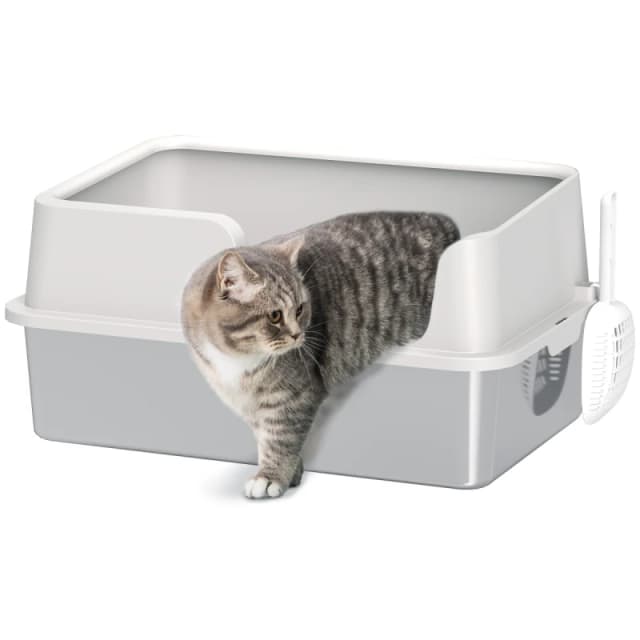 PawHut Stainless Steel Litter Box, High Sided Metal Cat Litter Tray w/ Scoop, Grey D31-130V00LG