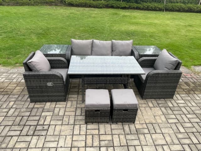 Fimous 7 Seater Rattan Outdoor Garden Furniture Set Rectangular Dining Table & Chair Sofa Set With 2 Side Tables in Dark Grey Dark Grey Unisex