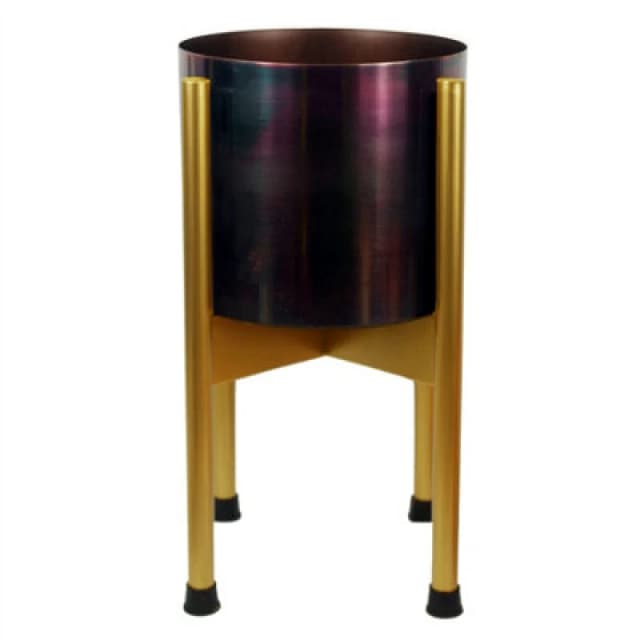 Leaf Medium Gold Stand With Iridescent Rainbow Metal Planter 38.5Cm X 18Cm