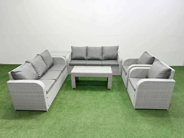Fimous PE Rattan High Back Lounge Sofa Set Patio Oblong Coffee Table & Chairs Set with 3 Seater Sofa Reclining Chair Side Table Light Grey Light Grey