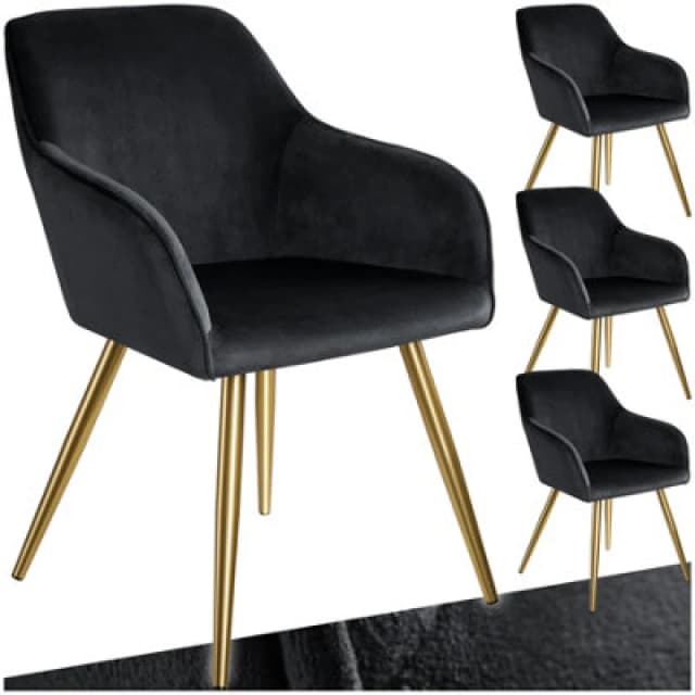 Tectake Set Of 4 Chair Marilyn With Velvet Cover, Gold Steel Legs And Plush Padding - Black/gold