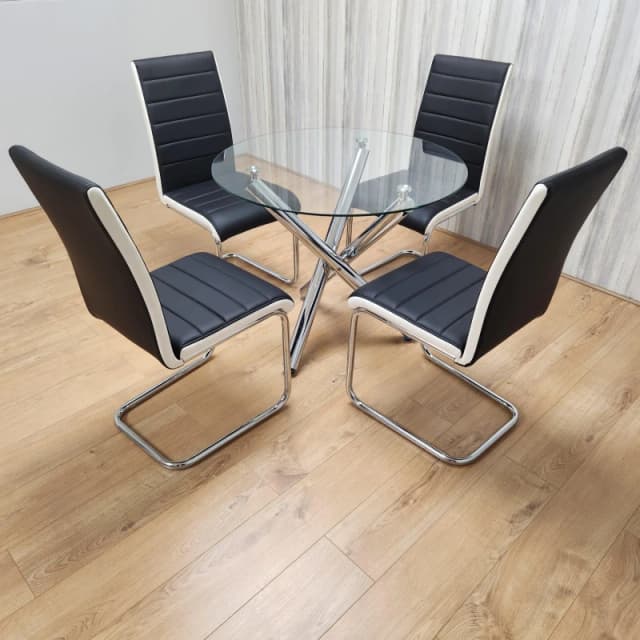 KOSY KOALA Round Chrome Metal and Clear Glass Dining Table and 4 Stylish Black White Faux Leather Dining Chairs Set Multi