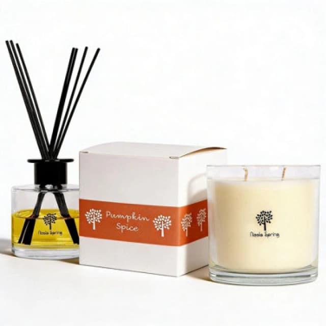 Nicola Spring Candle & Diffuser Set - 400G Pumpkin Spice Soy Wax Jar & 200ml Reed Diffuser - Autumn Spiced Fragrance Double Wick