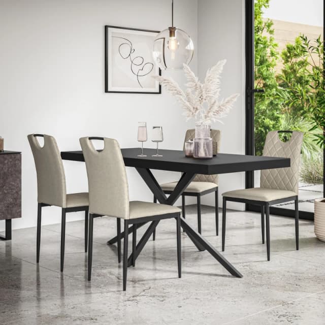 More4Homes Donni Dining Table And Chairs - Black Table Top W Black Legs + Monza Linen Dining Chair Set Of 4 (Beige)