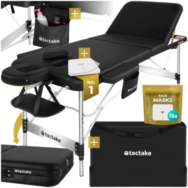Tectake Massage Table Phuket - 3 Zones, 70 Cm Wide, Aluminium Frame, Carry Bag & Masks - Black