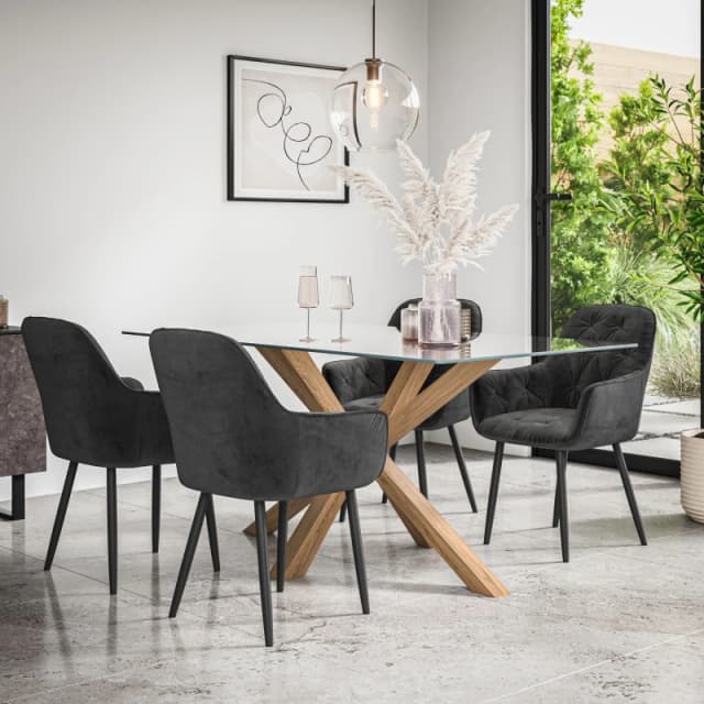 More4Homes Etta Glass Dining Table And Chairs - Glass Top W Solid Oak Legs + Anika Velvet Dining Chair Set Of 4 (Black)