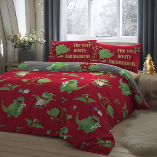 Bedlam 'Santasaurus' Christmas Glow in the Dark Bedroom Duvet Cover Set Red