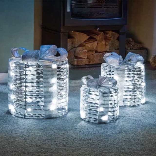 Set of 3 Battery Operated Silver Christmas Glitter Twist Gift Boxes with Cool White LEDs