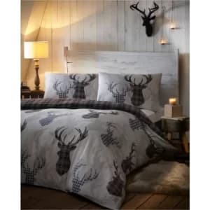 Tartan Check Stag Reindeer King Size Duvet Cover Set Bedding Set Grey/Black