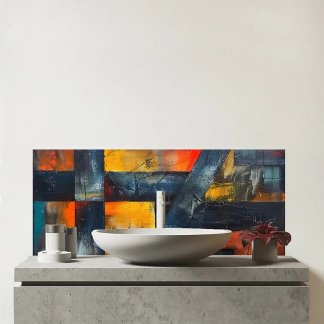 Warren Reed - Designer Geometric Interplay: Abstract Patterns Glass Bathroom Splashback Multicolor Unisex