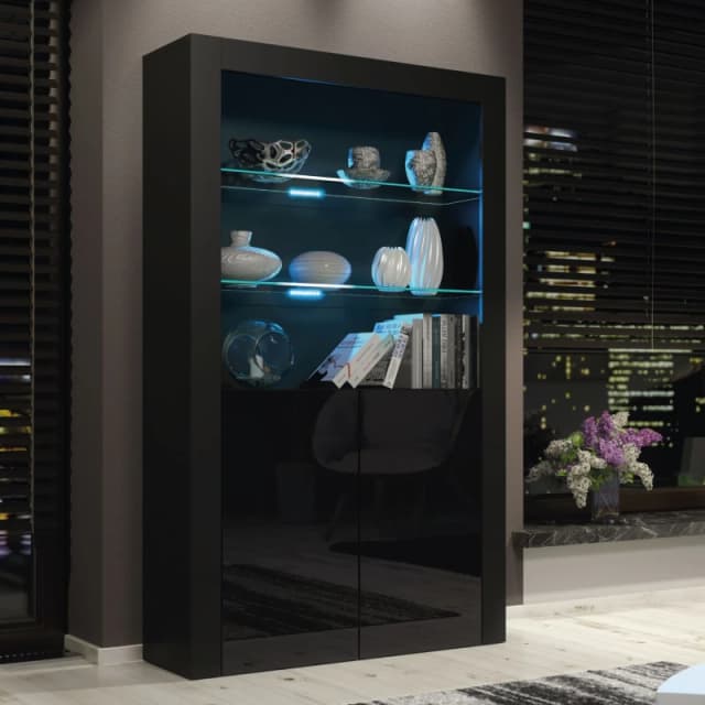 Mex Furniture LTD Display Cabinet with LED Lights & Gloss Doors / 170cm Black
