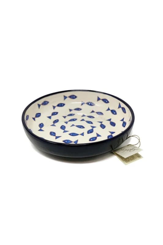 Verano Spanish Ceramics Signature Blue & White Fish Hand Painted Ceramic Kitchen Dining Large Bowl (Diam) 27cm Blue Unisex