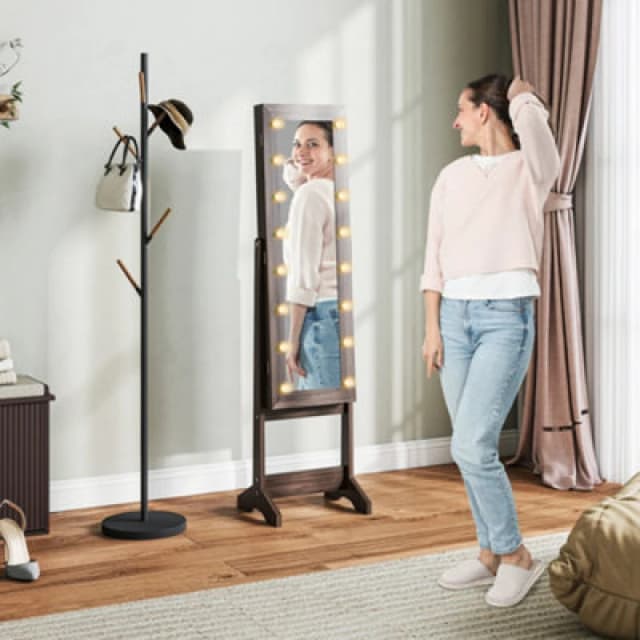 HOMCOM HOMCOM Free Standing LED Mirrored Jewelry Cabinet Armoire Floor Organiser in Dark Brown Dark Brown One Size Unisex 5063603047921